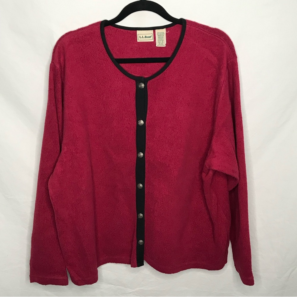 VTG LL Bean Fleece Cardigan Sweater Women's Sz XL Pink Black Trim Silver Buttons